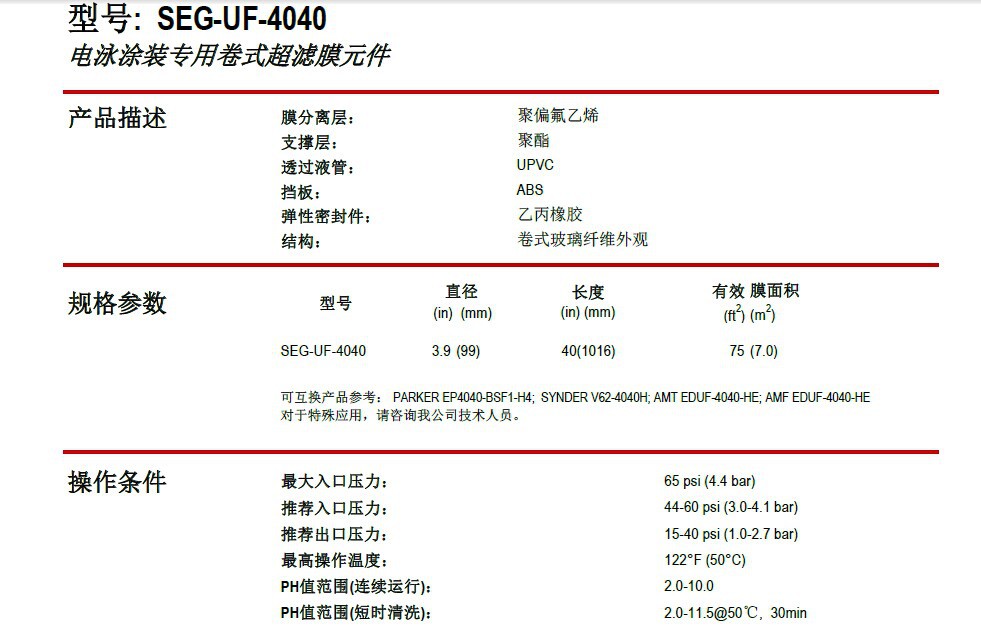 电泳漆超滤膜SEG-UF-4040参数