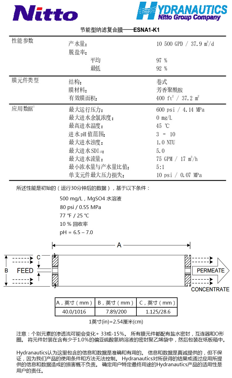 美国海德能纳滤膜ESNA1-K1参数规格